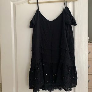 Off the shoulder dress with lace and bronze detail